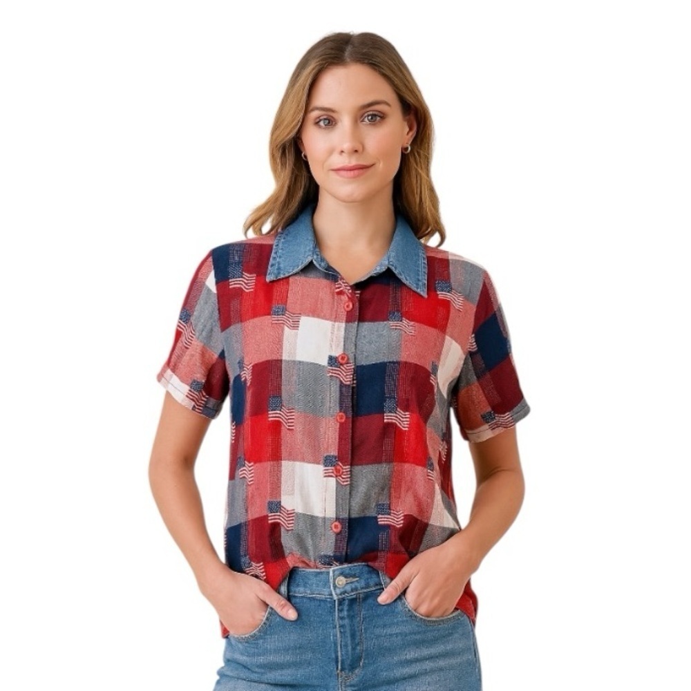 Lemon Grass Red Blue USA Flag Western Patriotic Plaid Button Up Shirt Size XL